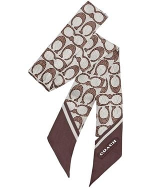 COACH Textured Signature Print Silk Skinny Scarf - White