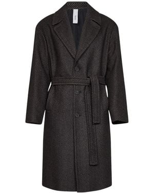 Hevò Belted Herringbone Coat - Black