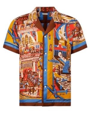 Bode Manhattan Island Printed Silk Bowling Shirt - Orange