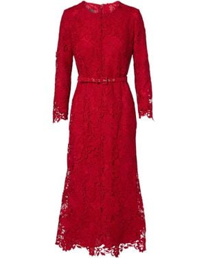 Monique Lhuillier Belted Lace Midi Dress - Red