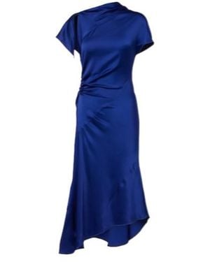 Victoria Beckham Asymmetric Gathered Crêpe Satin Midi Dress - Blue