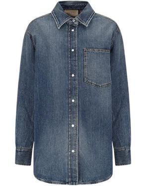 Gucci Logo Plaque Collared Long-Sleeve Shirt - Blue