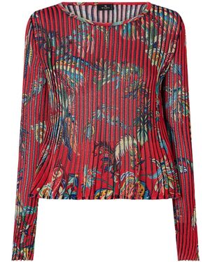 Etro Floral-Print Open-Knit Ribbed Blouse - Red