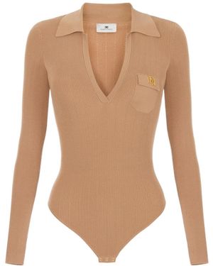 Elisabetta Franchi Knit Bodysuit With Openwork Embroideries - White