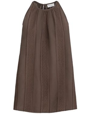 Brunello Cucinelli Techno-Cotton Poplin Broderie Anglais Sleeveless Top - Brown