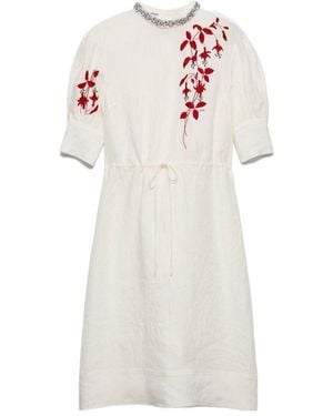 Prada Embroidered Slubbed Fabric Dress - White