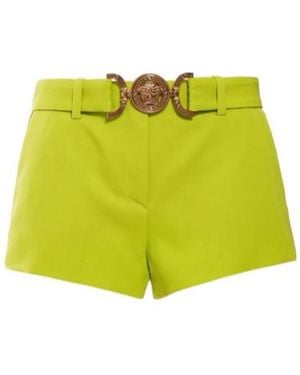 Versace Logo Belted Wool Twill Mini Shorts - Yellow