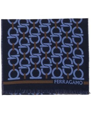 Ferragamo Gancini-Pattern Fringed Scarf - Blue