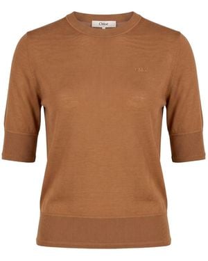 Chloé Solid-Color Wool Short-Sleeved Knit Top - Brown