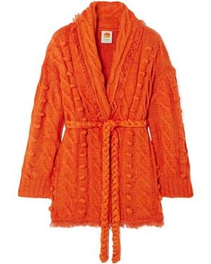 FARM Rio Oversized Cable Knit Cardigan With Frayed Edges And Tie Detail - Orange