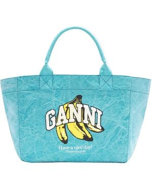 Ganni Banana Print Medium Tote Bag - Blue