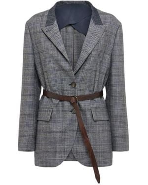 Brunello Cucinelli Wool Prince Of Wales Suit-Type Blazer - Gray