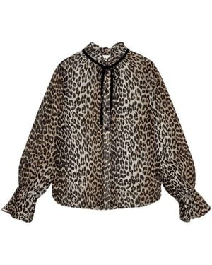 Ganni Leopard Printed Chiffon Tie String Shirt - Grey