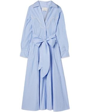 Johanna Ortiz Vela De Cruz Belted Embroidered Striped Poplin Midi Shirt Dress - Blue