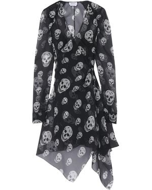 McQueen Silk Skull Print Wrap Dress - Black