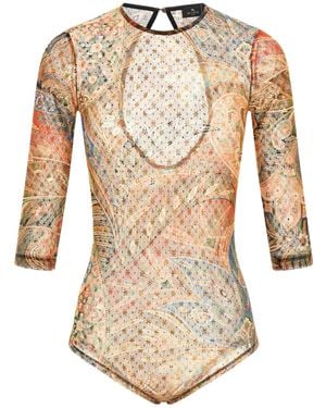 Etro Paisley Foliage Print Tulle Bodysuit - Natural