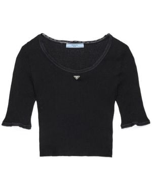 Prada Cropped Ribbed Cotton T-Shirt - Black