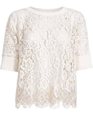 D.exterior Lace-Overlay Short-Sleeve Blouse - White