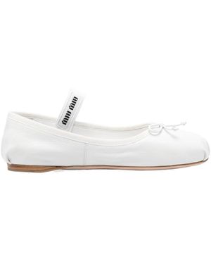 Miu Miu Logo-Strap Leather Ballerina Court Shoes - White