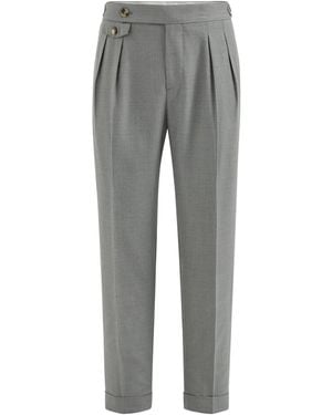 Brunello Cucinelli Virgin Wool And Silk Lightweight Hopsack Pants With Double Pleats And Waist Tabs - Gray