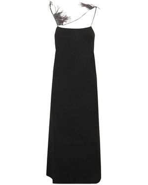 Jil Sander Feather-Trim Square Neck Slip Dress - Black