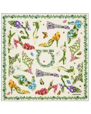 Ferragamo Eden Shoes Print Silk Scarf - White