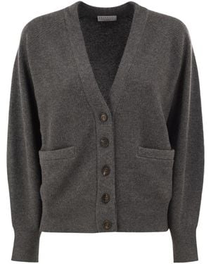 Brunello Cucinelli V-Neck Long-Sleeved Knit Top - Black