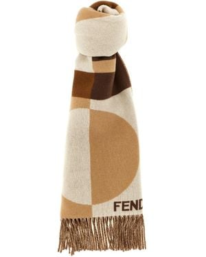 Fendi Geometric Pattern Fringed Knit Scarf - Metallic