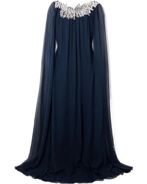 Oscar de la Renta Cape-Effect Embellished Silk-Chiffon Gown - Blue