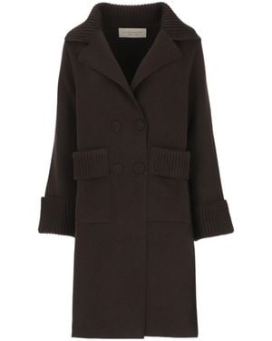 D.exterior Ribbed Trim Double-Breasted Coat - Black