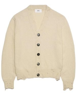 Ami Paris Ripped-Detail V-Neck Cardigan - Natural