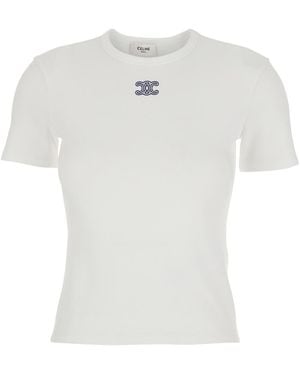 Celine T-Shirt With Triomphe Logo Embroidery On The Front - White