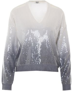 Liu Jo Sequined V-Neck Knit Sweater - Gray
