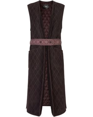 Fendi Belted Waist Quilted Long Padded Vest - Brown