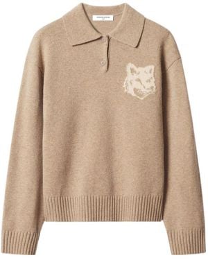 Maison Kitsuné Fox-Head Intarsia-Knit Sweater - Natural