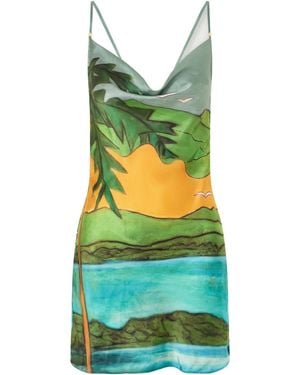 Donde Esteban Magdalena Draped Printed Silk-Blend Satin Mini Dress - Green