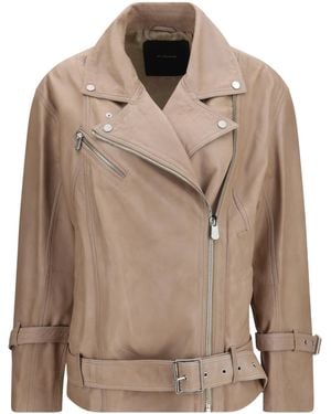 Pinko Belted Leather Biker Jacket - Brown