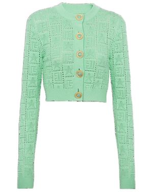 Balmain Buttonned Monogram Mesh Knit Cardigan - Green