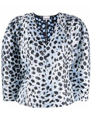 Ganni Crispy Jacquard V-Neck Blouse - Blue