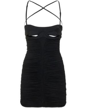 Mugler Ruched Sheer Jersey Crossed Mini Dress - Black