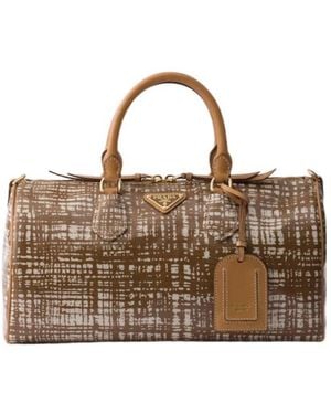 Prada Evasion Medium Linen Blend And Leather Top-Handle Bag - Brown
