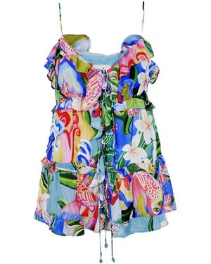 FARM Rio Floral Printed Ruffled Top - Blue