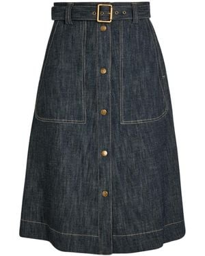 Moncler Belted Stretch-Denim Midi Skirt - Blue