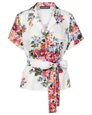 Dolce & Gabbana Floral Silk Twill Wrap Top - White