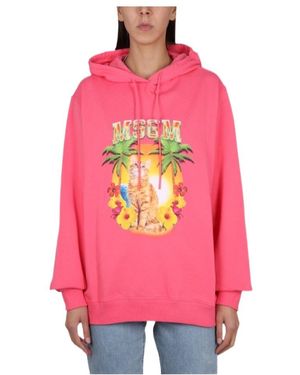 MSGM Graphic Print Hooded Sweatshirt With Ribbed Design - Pink