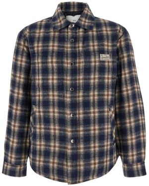 DUNST Chequered Logo Patch Flannel Shirt - Blue