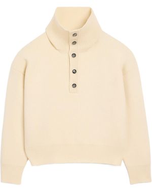 Ami Paris High Buttoned Collar Wool Sweater - Natural