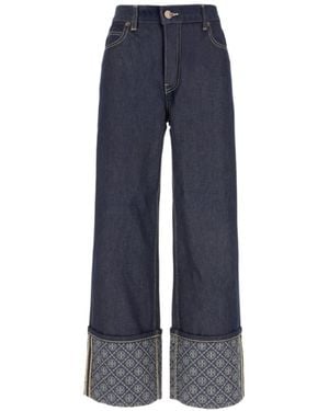 Tory Burch T Monogram Contrast-Cuff Jeans - Blue