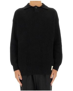 Emporio Armani Fisherman's-Knit Long Sleeved Polo Shirt - Black