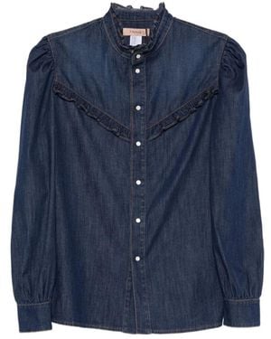 Twinset Ruffle Detailed Button-Up Denim Shirt - Blue